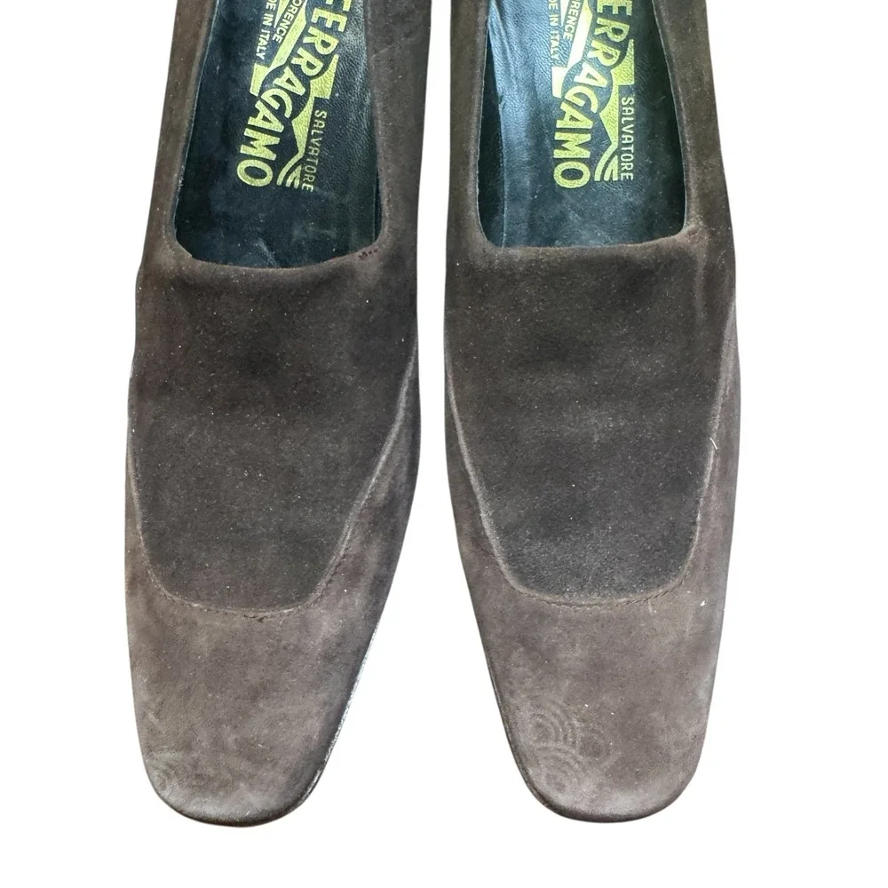 Salvatore Ferragamo Shoes Womens Size‎ 7.5 4A Brown Suede Square Toe Pumps Italy
